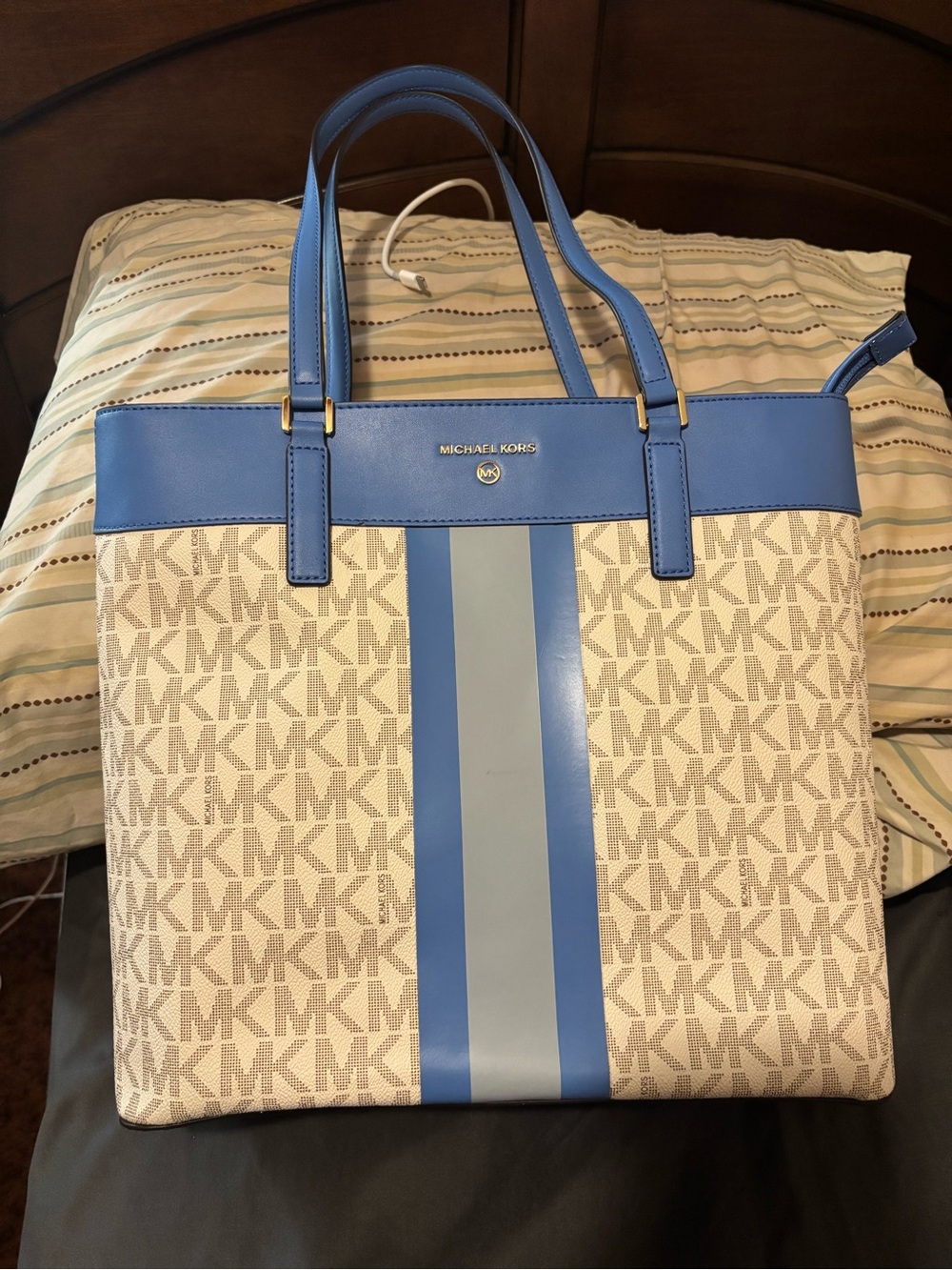 Michael Kors Beige Signature Tote with Blue Center Stripes